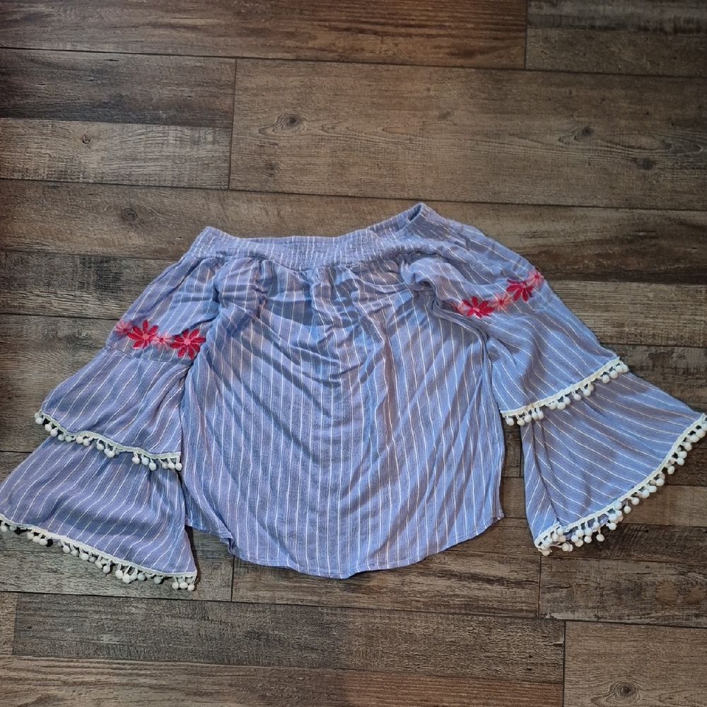 Striped Off-Shoulder Bell Sleeve Top